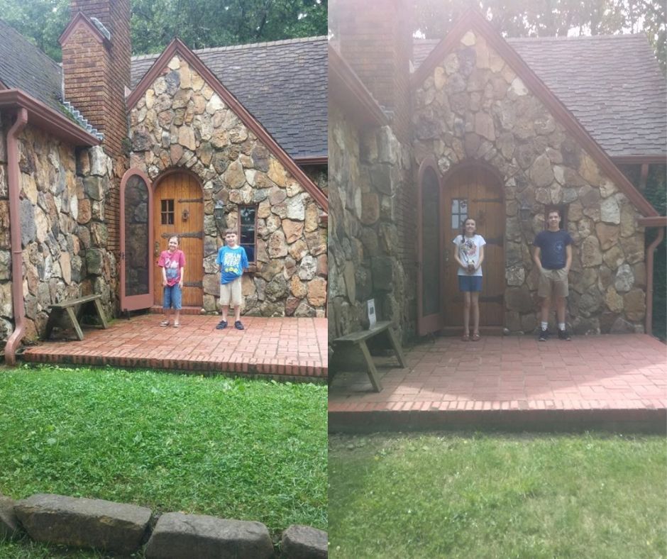 kids next to rock house 2015 and 2019