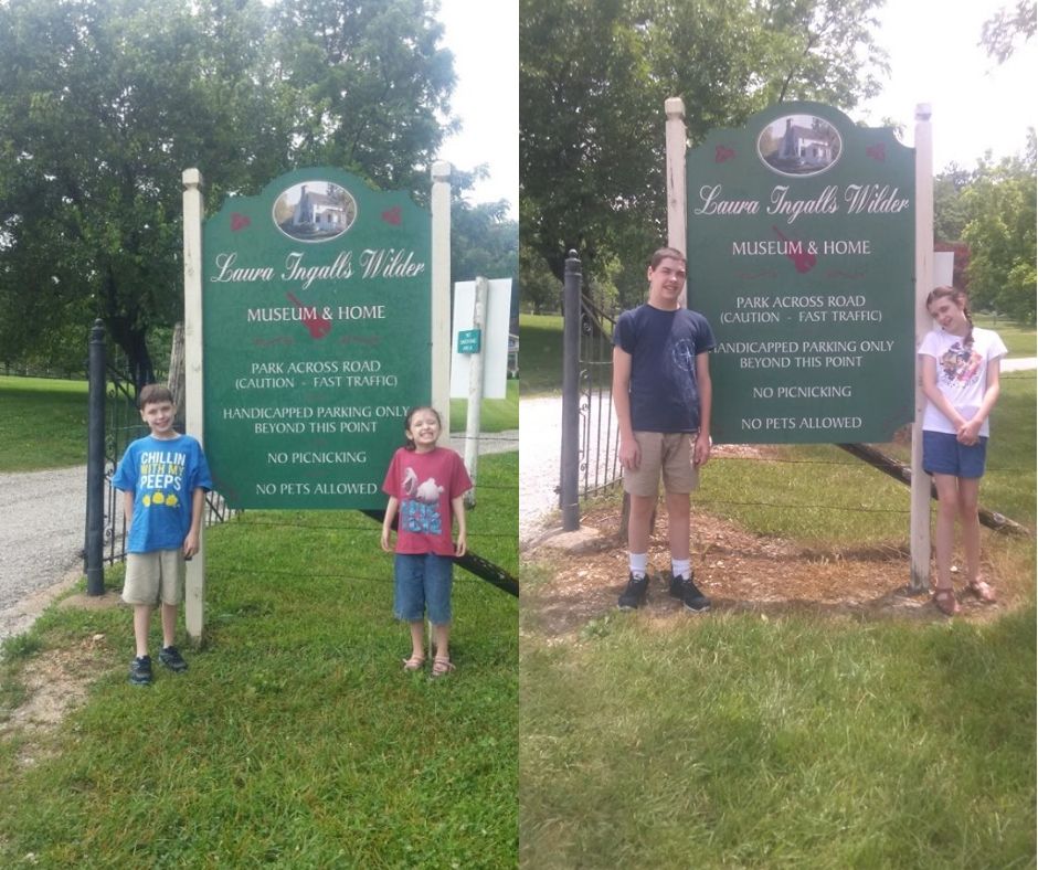 kids in front of Laura Ingalls house 2015 and 2019